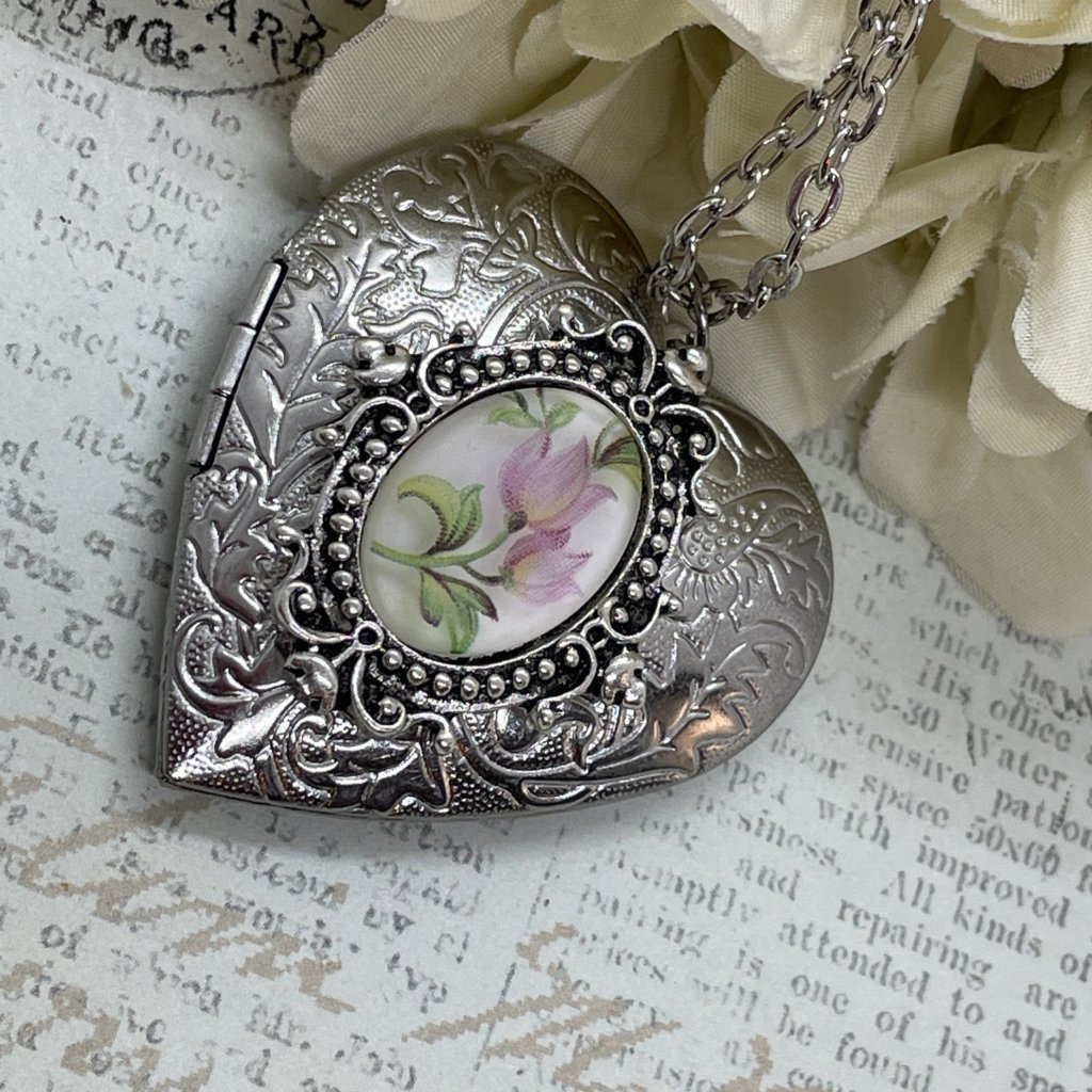 Silver Heart Necklace Locket Tulip Pink Wedding Bridal Mother Of The Bride Gift